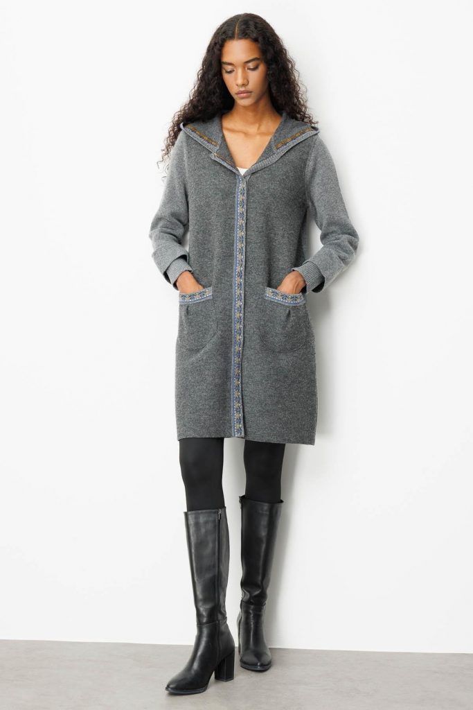 DESEN Kapüşonlu Önü Keçe Yün Kaban 25019 - FÜME