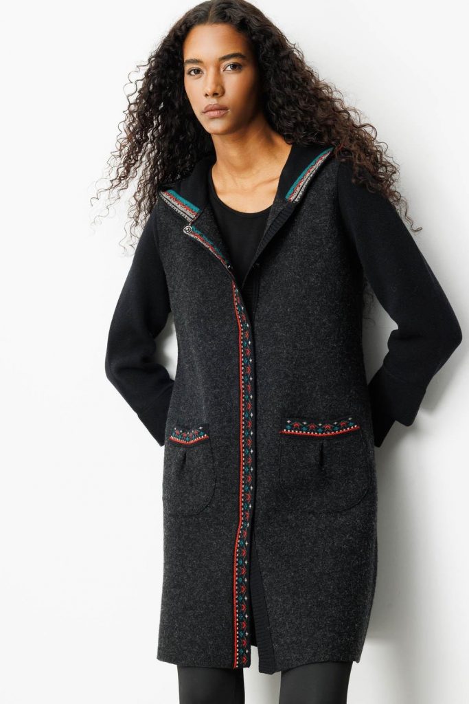 DESEN Kapüşonlu Önü Keçe Yün Kaban 25019 - Siyah