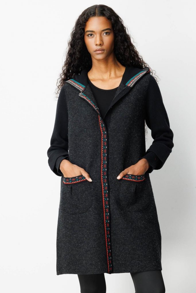 DESEN Kapüşonlu Önü Keçe Yün Kaban 25019 - Siyah