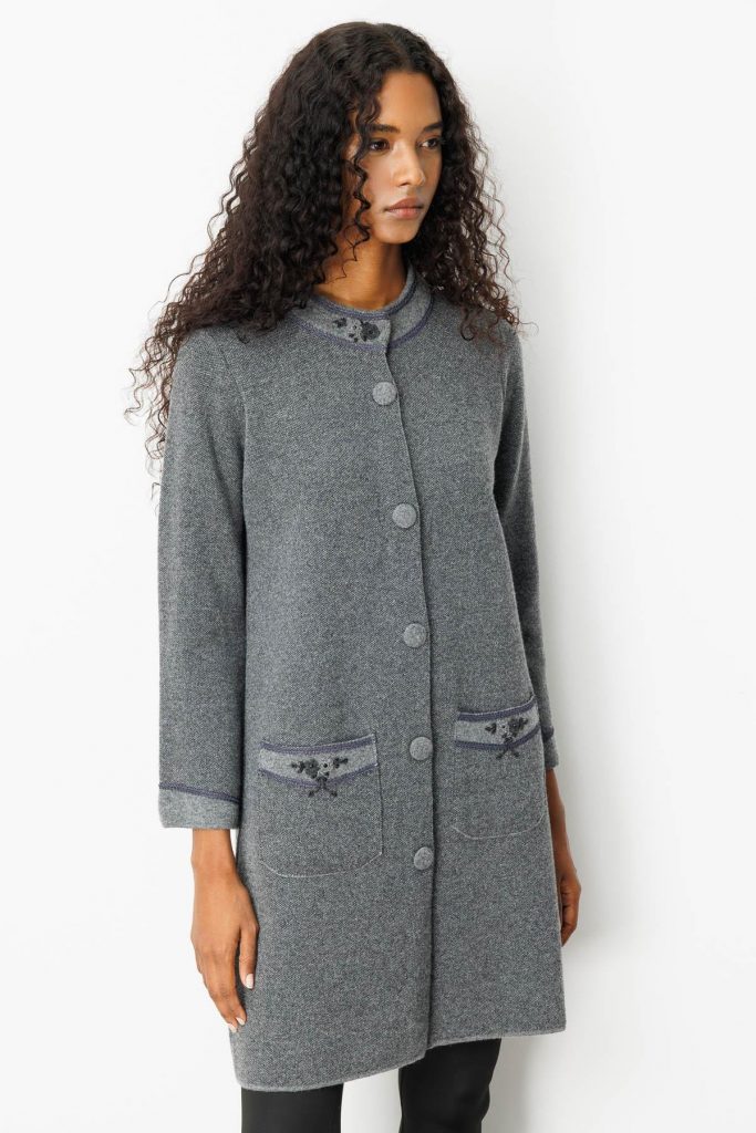 DESEN Dik Yaka Kolu ve Cebi Nakış İşlemeli Uzun Yün Kaban 25034 - FÜME