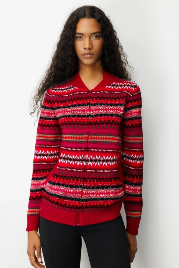 DESEN Hakim Yaka Jakarlı Yün Hırka 25102 - KIRMIZI