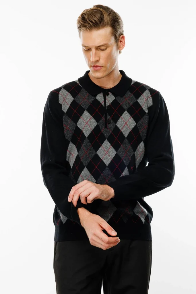 DESEN Polo Yaka Önü Baklava Desenli Yün Kazak 24513