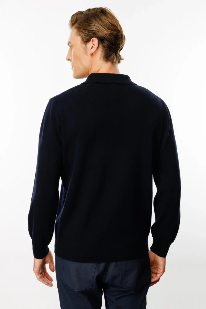 DESEN Polo Yaka Önü Baklava Desenli Yün Kazak 24513 - Lacivert