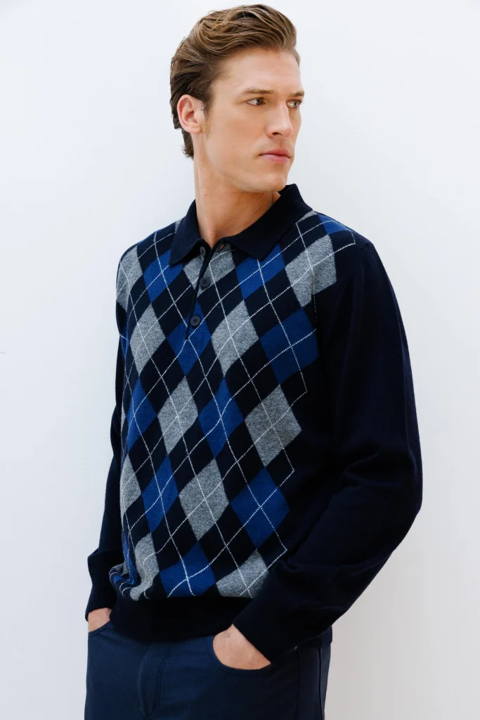 DESEN Polo Yaka Önü Baklava Desenli Yün Kazak 24513 - Lacivert