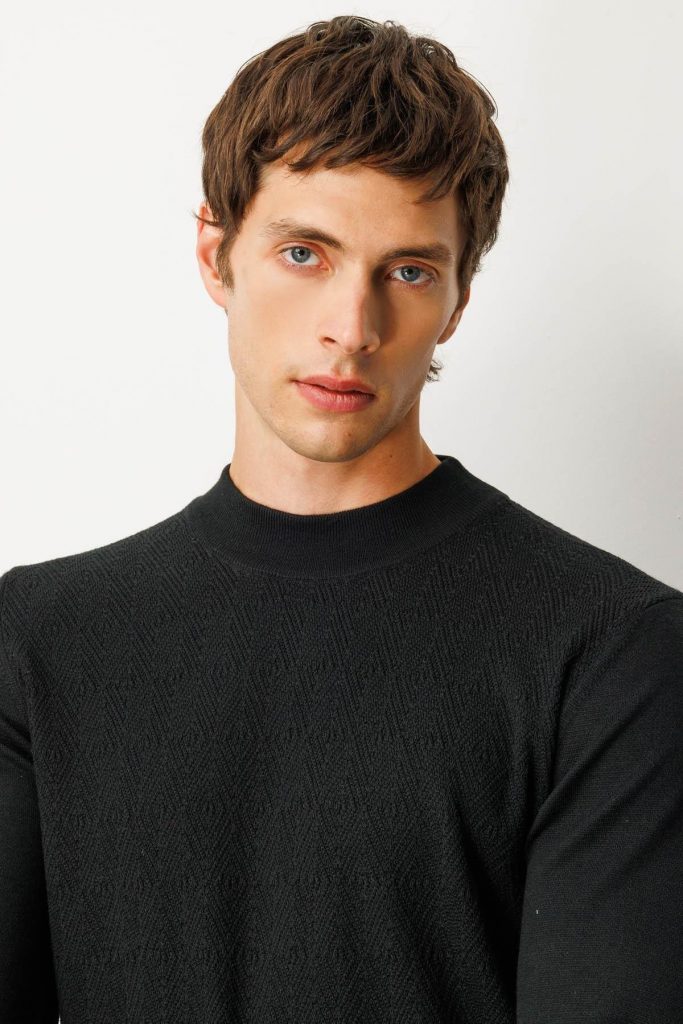 DESEN Yarım Balıkçı Yaka Önü Baklavalı Triko Kazak 25609 - Siyah