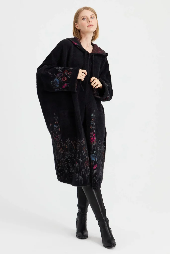 DESEN Triko Kırçiçeği Desenli Afrodit Panço 23065 - Siyah