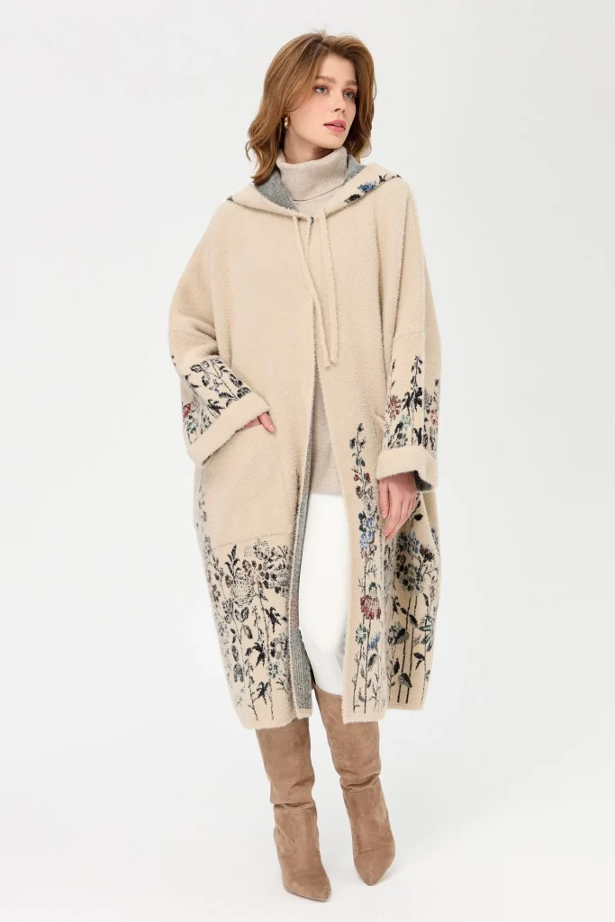 DESEN Triko Kırçiçeği Desenli Afrodit Panço 23065 - BEJ