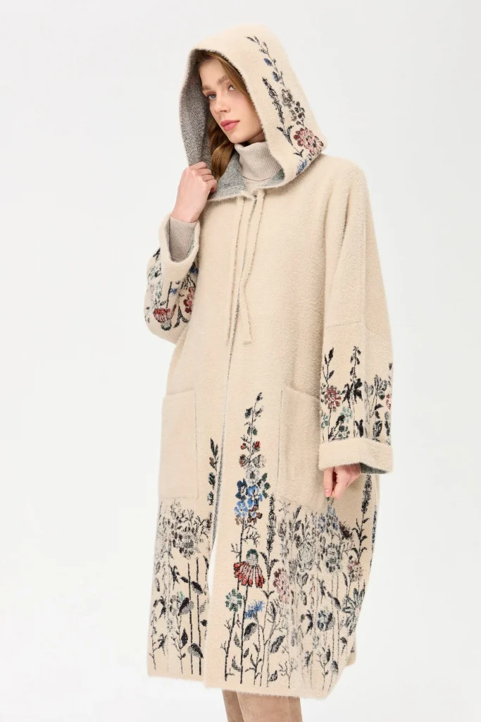 DESEN Triko Kırçiçeği Desenli Afrodit Panço 23065 - BEJ