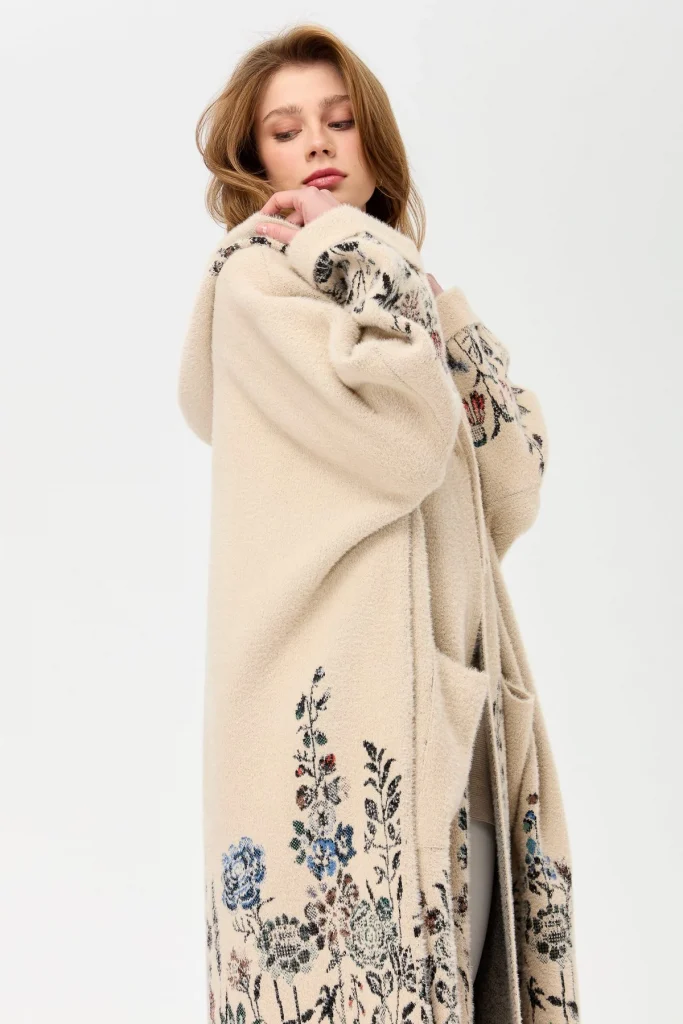 DESEN Triko Kırçiçeği Desenli Afrodit Panço 23065 - BEJ