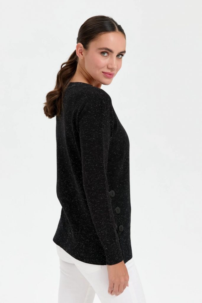 DESEN Sıfır Yaka Dikişsiz Yanları Düğmeli Simli Kazak 23390 - Siyah