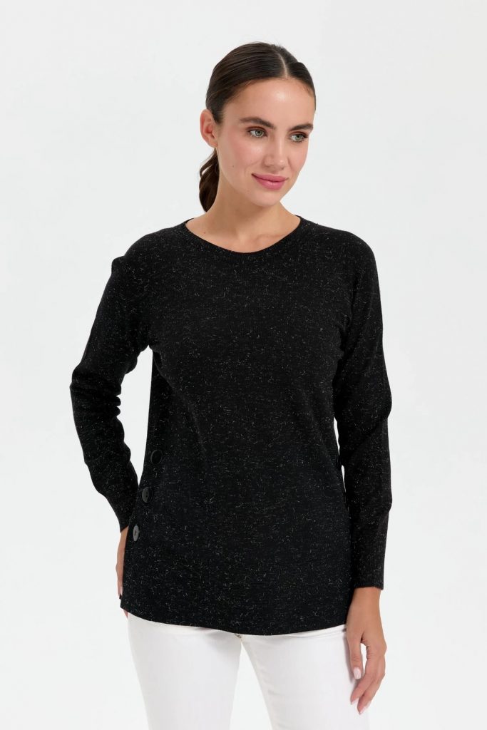 DESEN Sıfır Yaka Dikişsiz Yanları Düğmeli Simli Kazak 23390 - Siyah