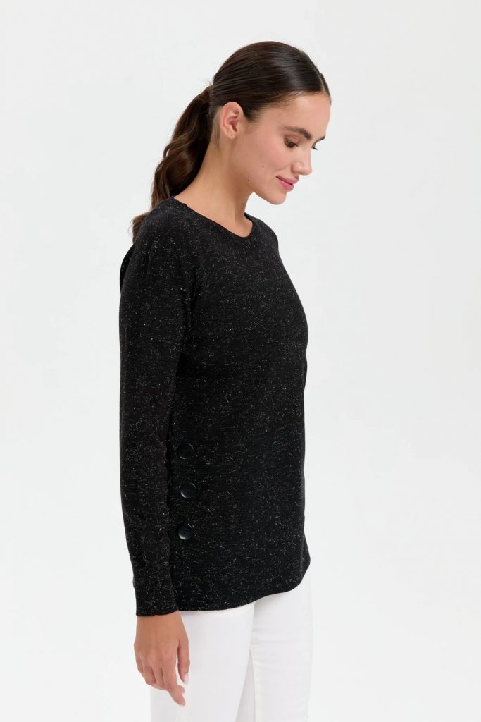 DESEN Sıfır Yaka Dikişsiz Yanları Düğmeli Simli Kazak 23390 - Siyah