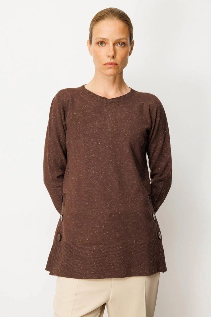 DESEN Sıfır Yaka Dikişsiz Yanları Düğmeli Simli Kazak 23390 - kahve