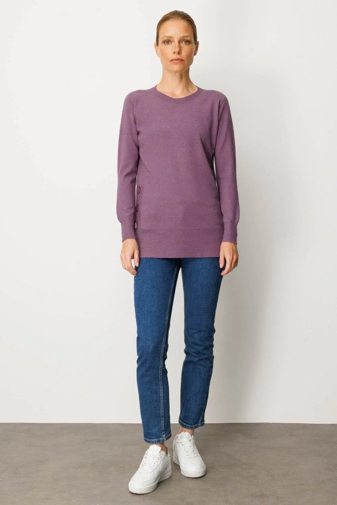 DESEN Sıfır Yaka Dikişsiz Yanları Düğmeli Simli Kazak 23390 - Mor