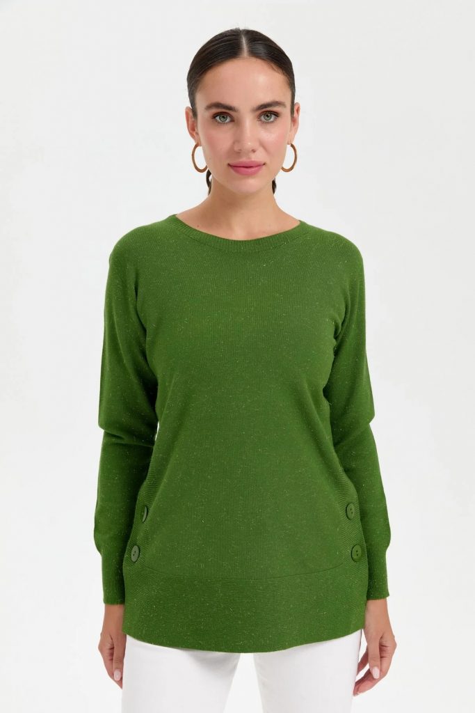 DESEN Sıfır Yaka Dikişsiz Yanları Düğmeli Simli Kazak 23390 - YEŞİL