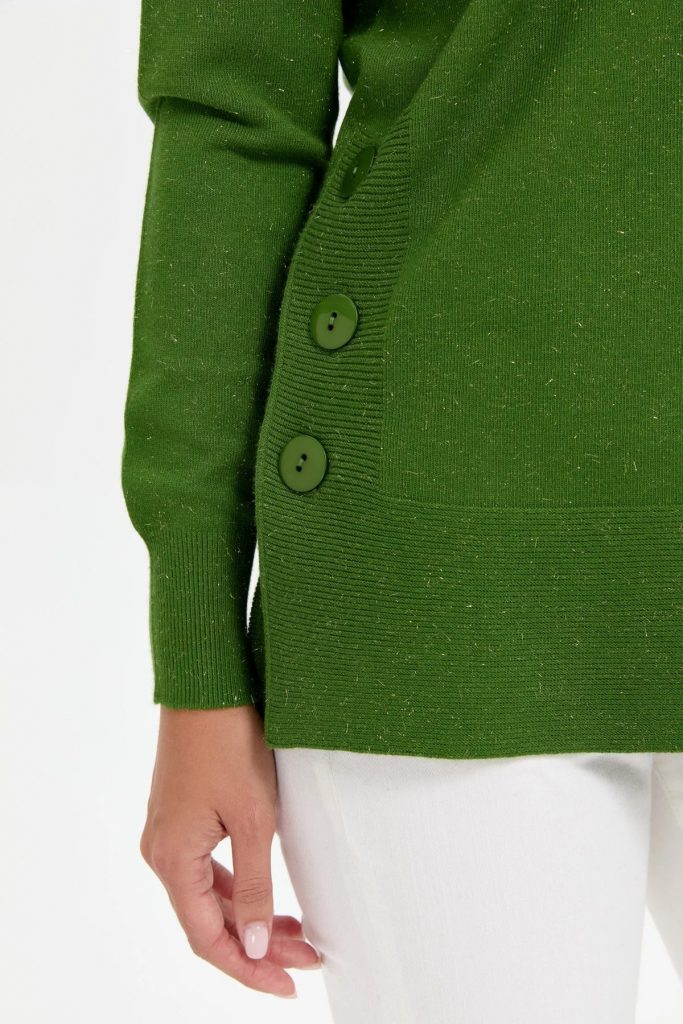 DESEN Sıfır Yaka Dikişsiz Yanları Düğmeli Simli Kazak 23390 - YEŞİL