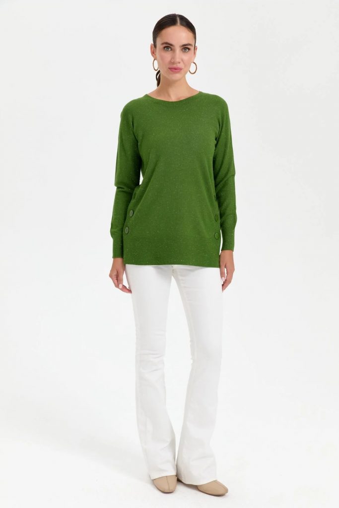 DESEN Sıfır Yaka Dikişsiz Yanları Düğmeli Simli Kazak 23390 - YEŞİL