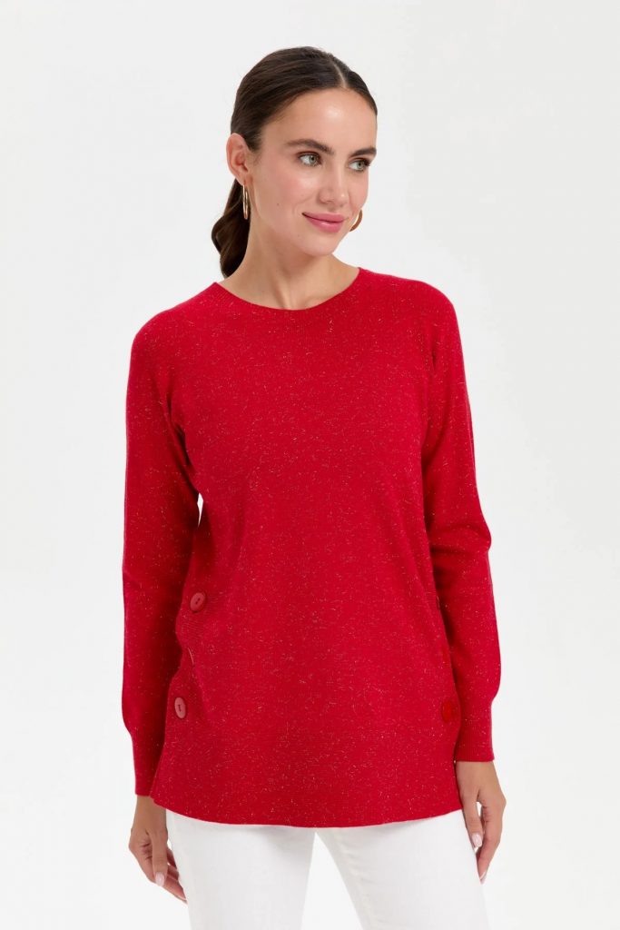 DESEN Sıfır Yaka Dikişsiz Yanları Düğmeli Simli Kazak 23390 - KIRMIZI