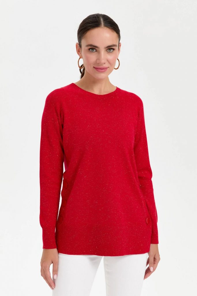 DESEN Sıfır Yaka Dikişsiz Yanları Düğmeli Simli Kazak 23390 - KIRMIZI