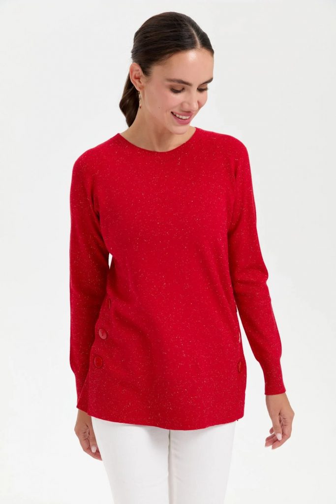 DESEN Sıfır Yaka Dikişsiz Yanları Düğmeli Simli Kazak 23390 - KIRMIZI