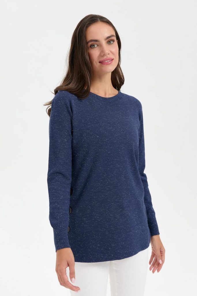 DESEN Sıfır Yaka Dikişsiz Yanları Düğmeli Simli Kazak 23390 - Lacivert