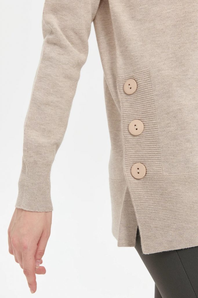 DESEN Sıfır Yaka Dikişsiz Yanları Düğmeli Simli Kazak 23390 - BEJ