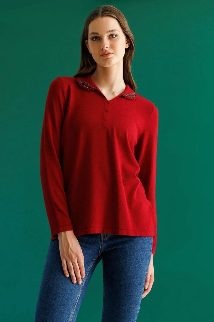 DESEN Polo Yaka Likralı Bluz 25091 - KIRMIZI