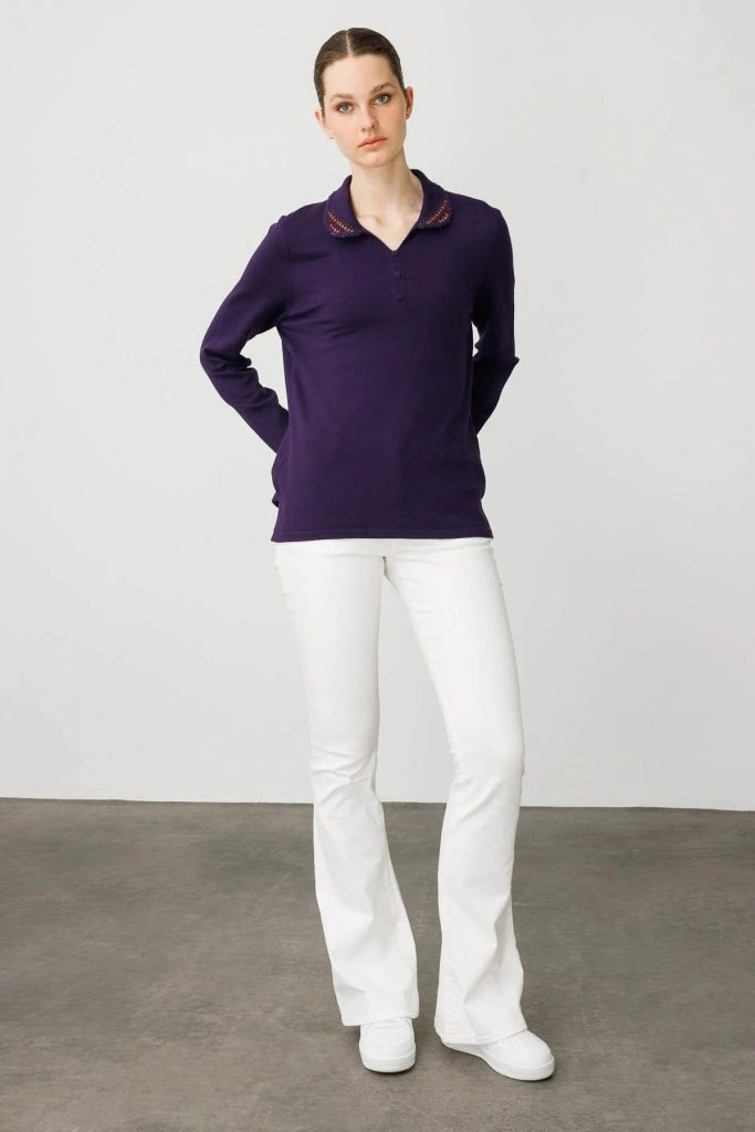 DESEN Polo Yaka Likralı Bluz 25091 - Mor