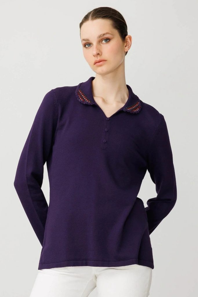 DESEN Polo Yaka Likralı Bluz 25091 - Mor