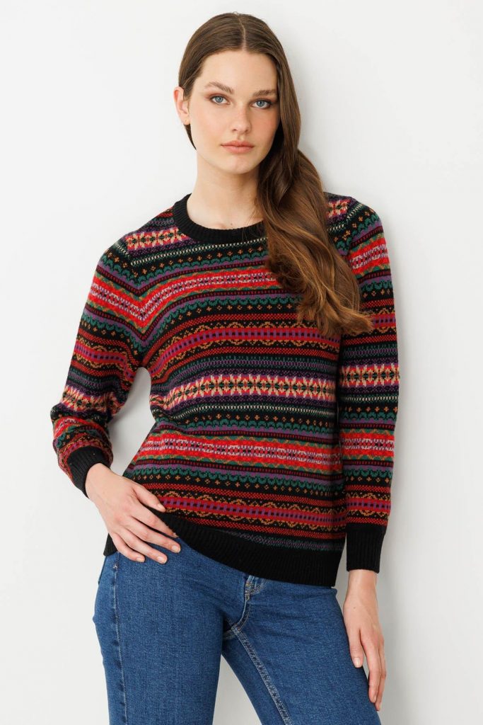 DESEN Sıfır Yaka Komple Jakarlı Yün Kazak 25100 - Siyah