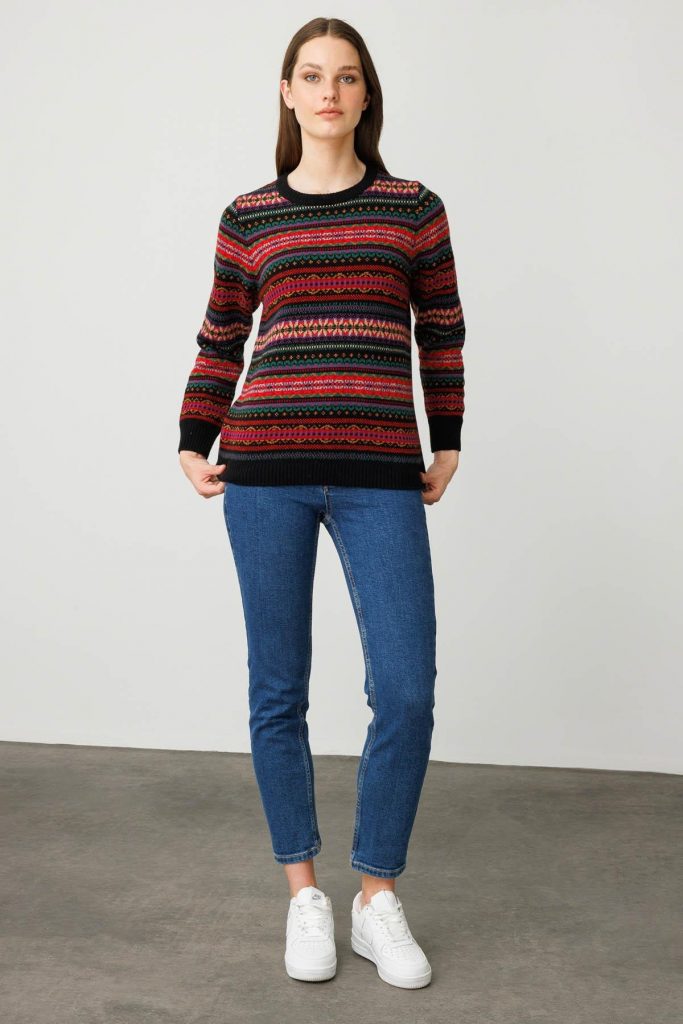 DESEN Sıfır Yaka Komple Jakarlı Yün Kazak 25100 - Siyah