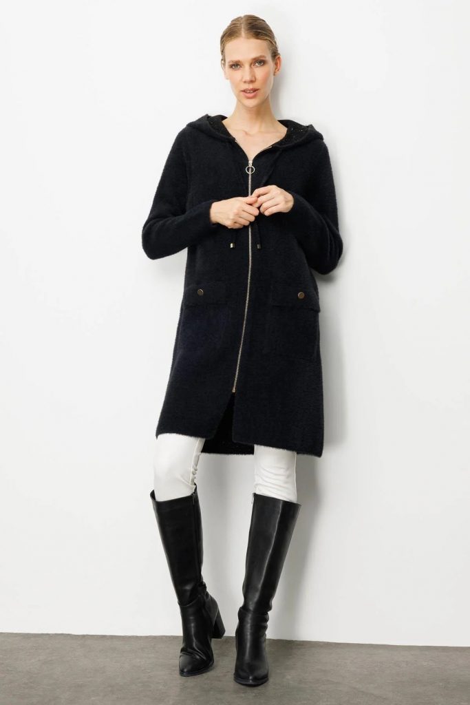 DESEN TRİKO Kapüşonlu Cebi Metal Düğmeli Afrodit Triko Hırka 25011 - Siyah