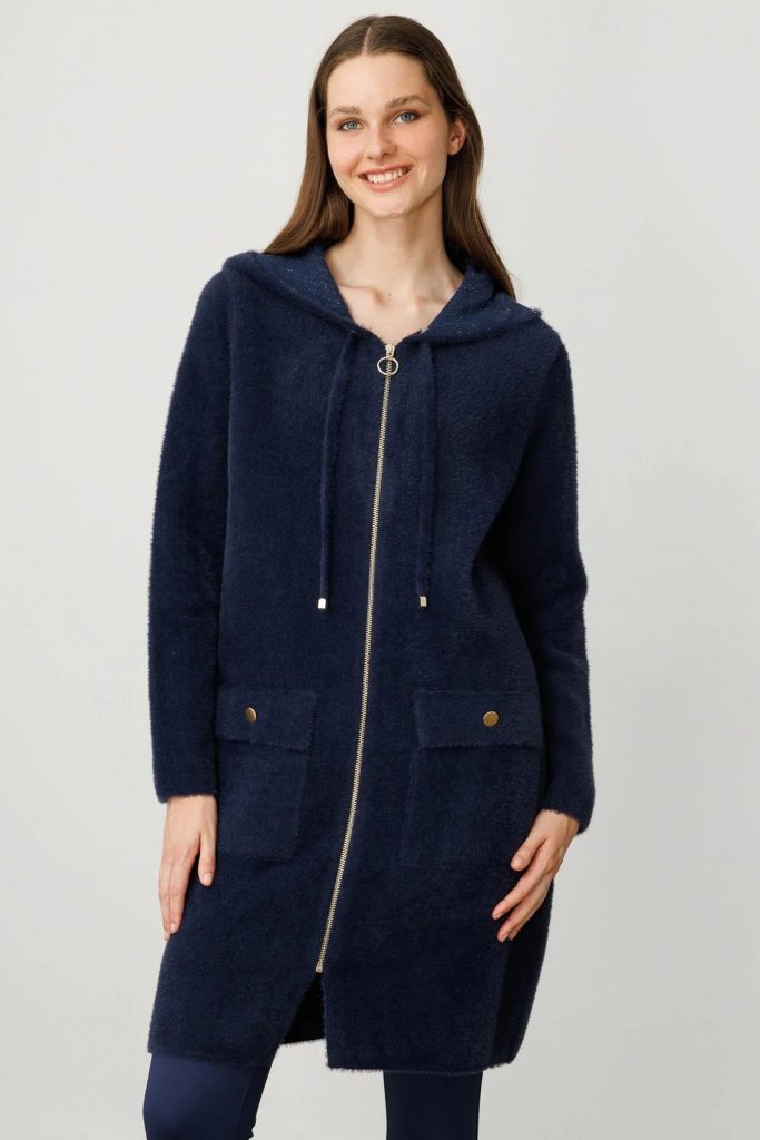 DESEN TRİKO Kapüşonlu Cebi Metal Düğmeli Afrodit Triko Hırka 25011 - Lacivert