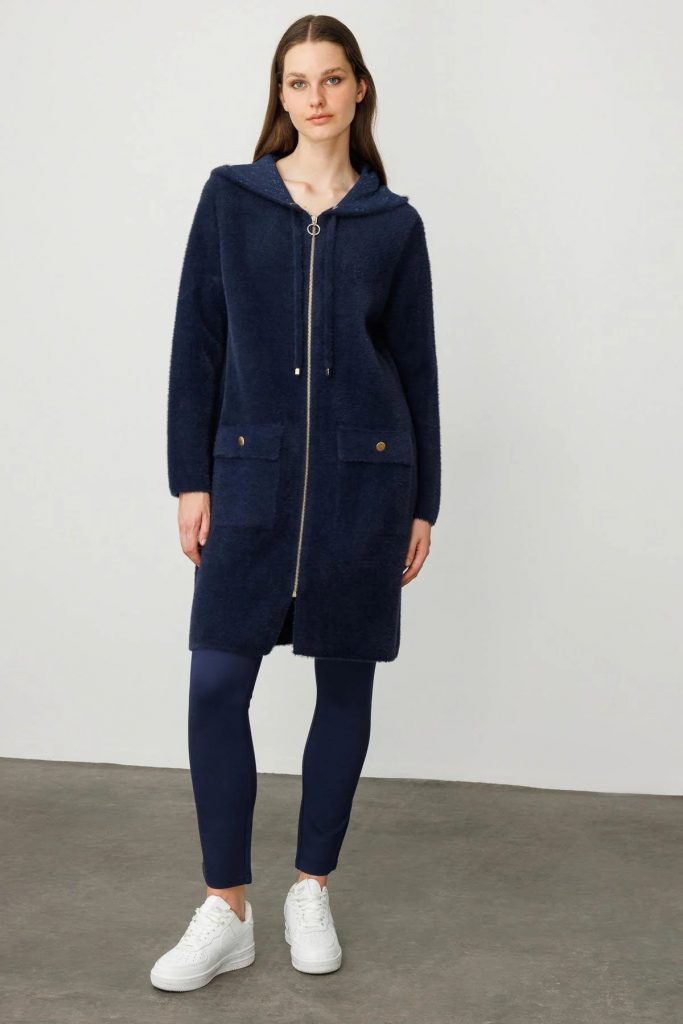 DESEN TRİKO Kapüşonlu Cebi Metal Düğmeli Afrodit Triko Hırka 25011 - Lacivert