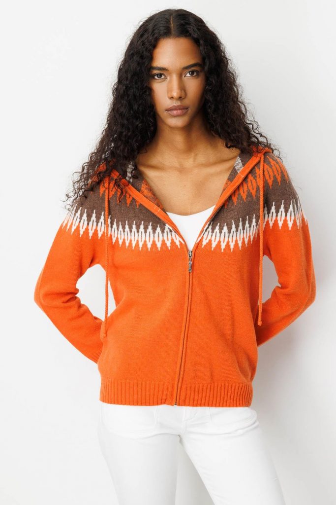 DESEN TRİKO Kapüşonlu Robası Baklavalı Hırka 25230 - PORTAKAL