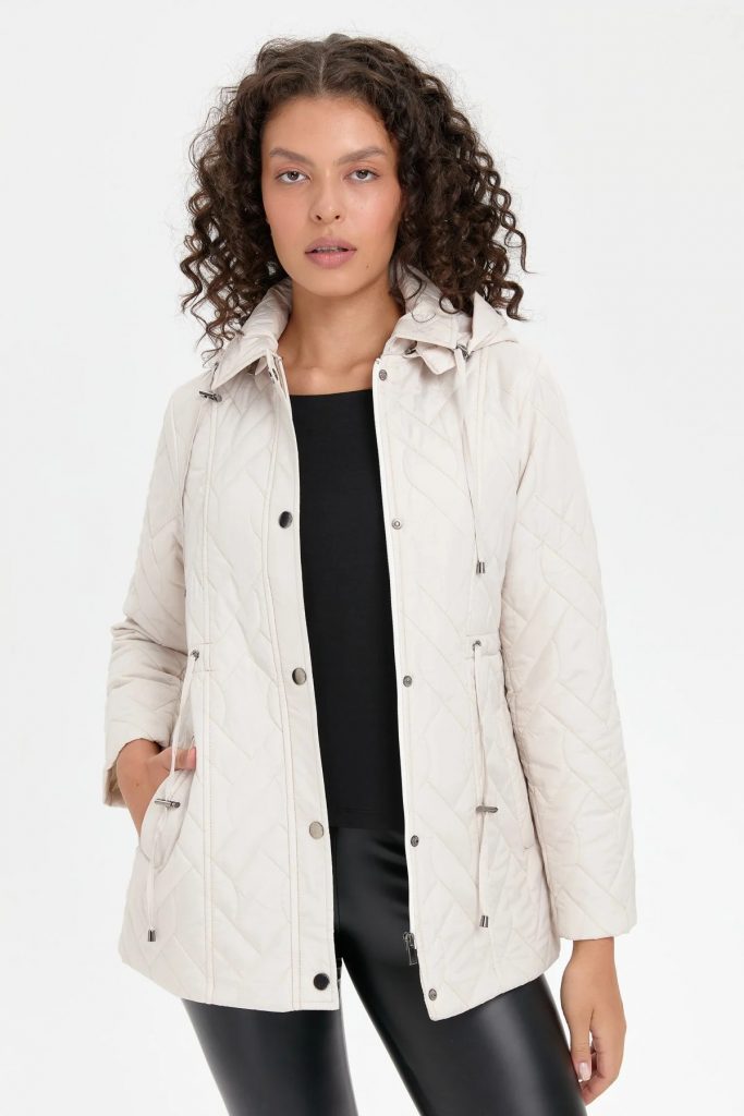 DESEN TRİKO Kapüşonlu Beli Bağcıklı Kısa Kapitone Mont 24412 - TAŞ