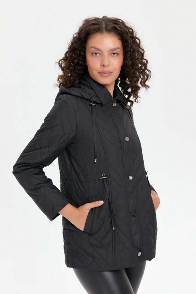 DESEN TRİKO Kapüşonlu Beli Bağcıklı Kısa Kapitone Mont 24412 - Siyah