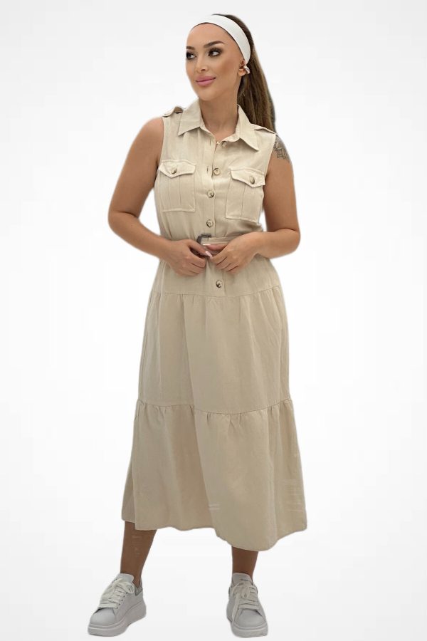 DİZAYN Düğme Detaylı Apoletli Keten Elbise 4718