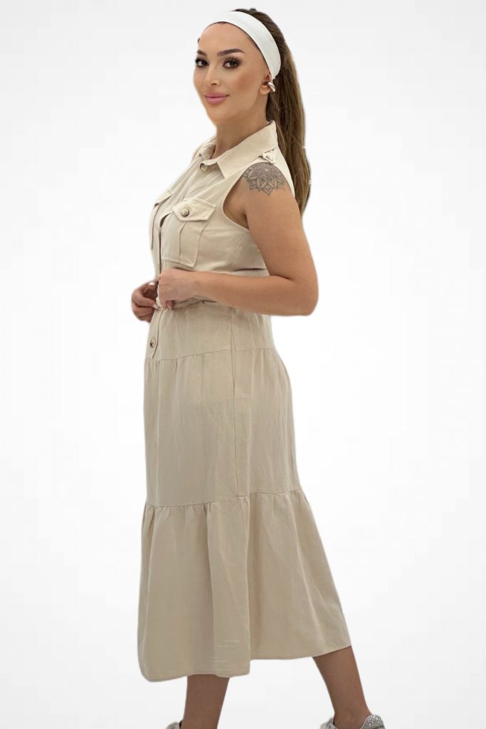 DİZAYN Düğme Detaylı Apoletli Keten Elbise 4718 - BEJ