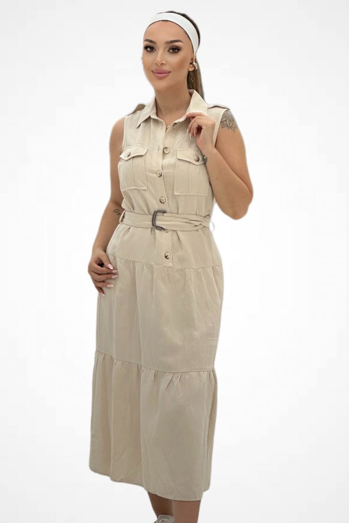 DİZAYN Düğme Detaylı Apoletli Keten Elbise 4718 - BEJ