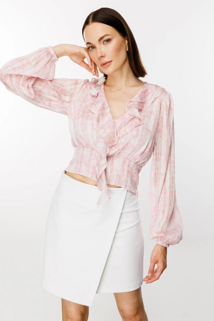 EKOL Önü Fırfırlı Kolları Lastikli Pembe Kadın Bluz 01060
