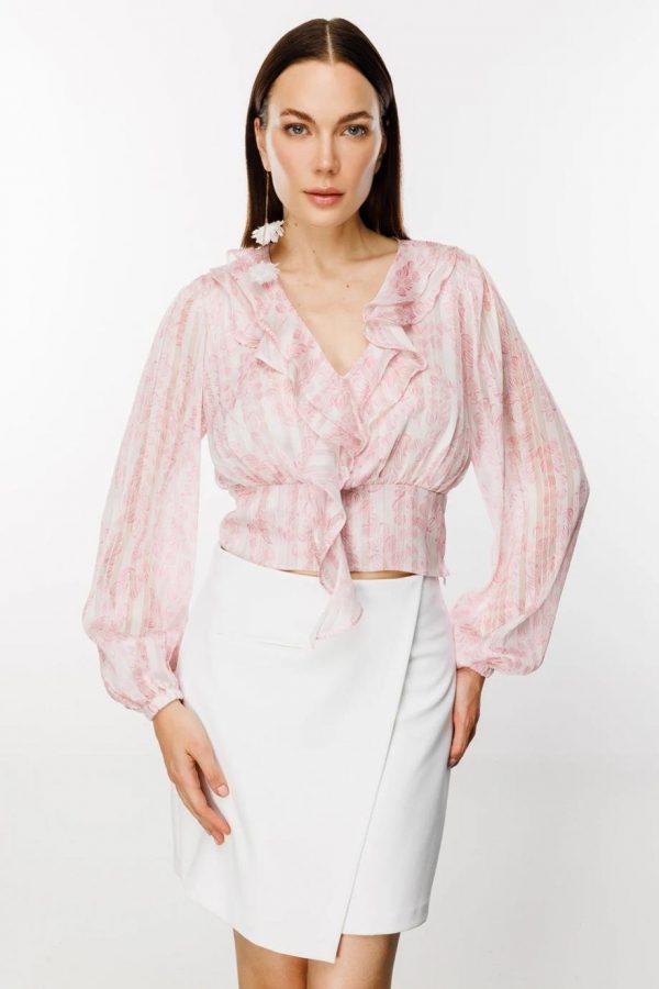 EKOL Önü Fırfırlı Kolları Lastikli Pembe Kadın Bluz 01060