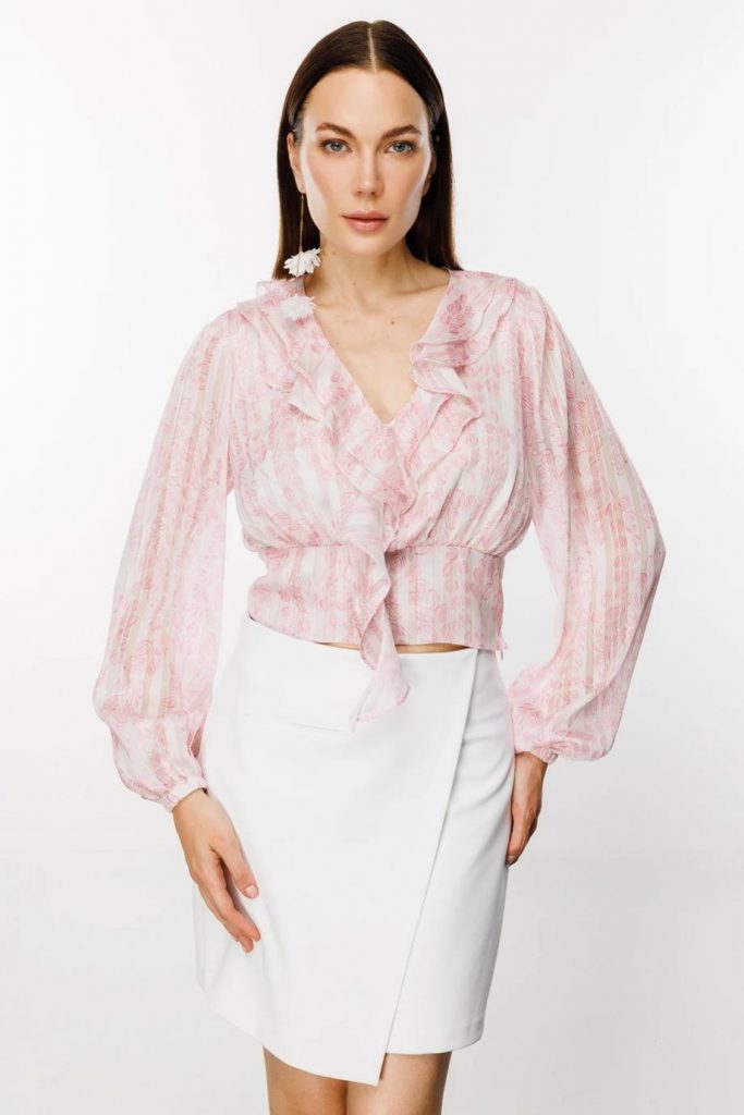 EKOL Önü Fırfırlı Kolları Lastikli Pembe Kadın Bluz 01060