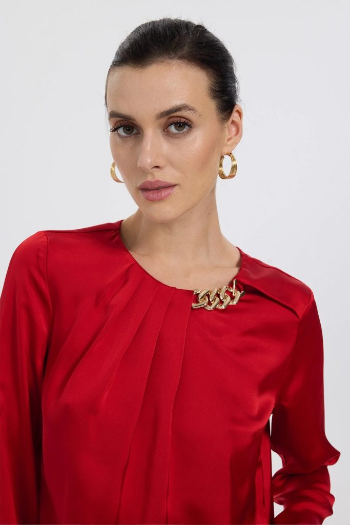 EKOL Kadın Zincir Aksesuarlı Önü Drapeli Bluz  2007