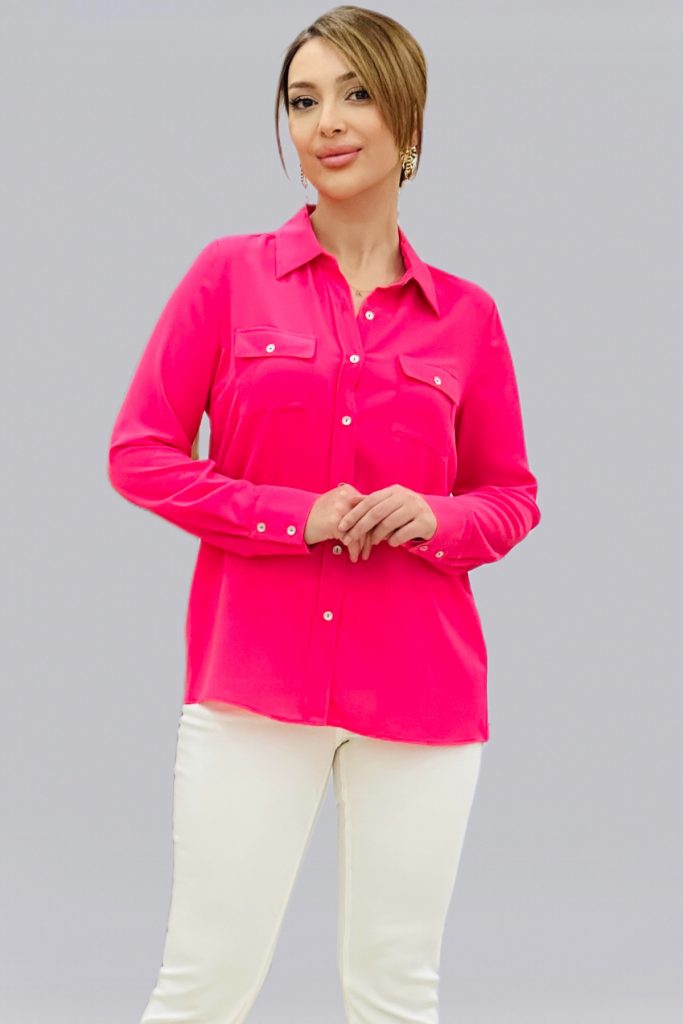 EKOL Çift Kapak Cepli Düğmeli Bluz 3026 - pembe