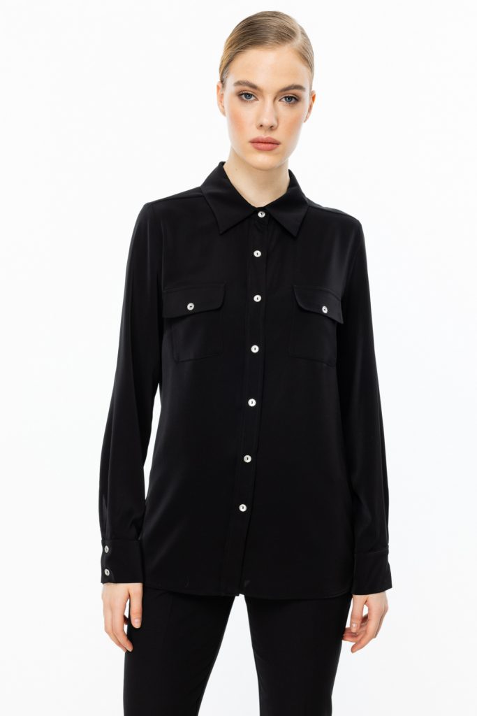 EKOL Çift Kapak Cepli Düğmeli Bluz 3026 - Siyah