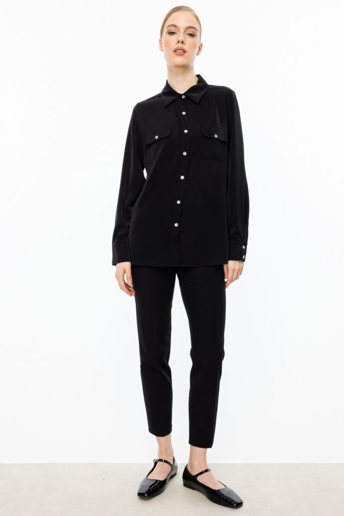 EKOL Çift Kapak Cepli Düğmeli Bluz 3026 - Siyah