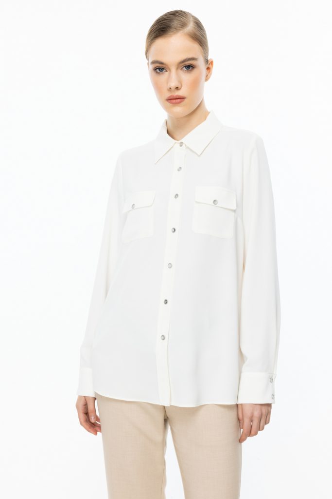 EKOL Çift Kapak Cepli Düğmeli Bluz 3026 - EKRU