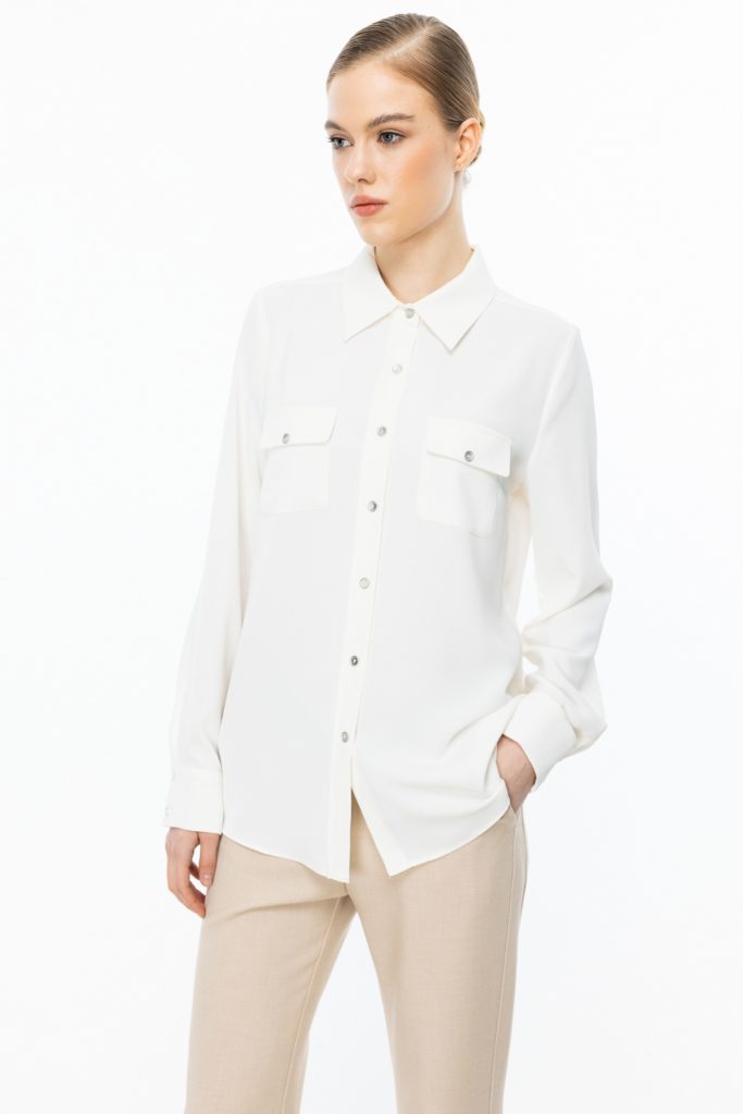 EKOL Çift Kapak Cepli Düğmeli Bluz 3026 - EKRU