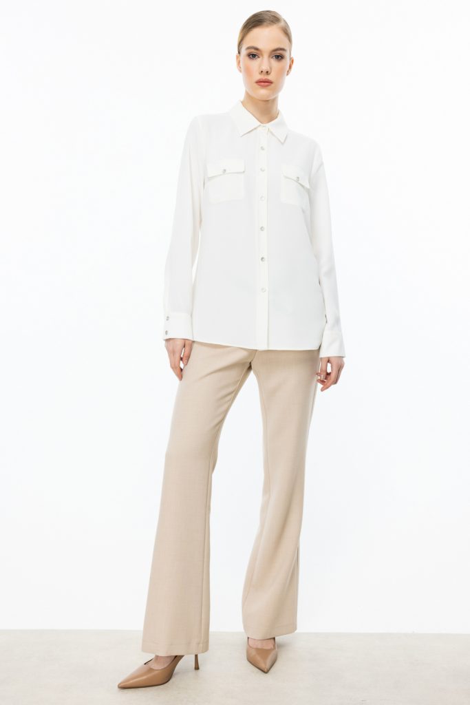 EKOL Çift Kapak Cepli Düğmeli Bluz 3026 - EKRU